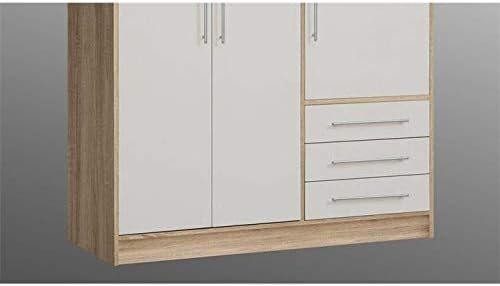 FORTE Jupiter Schrank 140 150, Kleiderschrank, Drehtürenschrank, 3-türig, mit 3 Schubladen und Einlegeböden, Weiß mit Holz Dekor: Sonoma Eiche, 145 cm breit x 60 cm tief x 200 cm hoch
