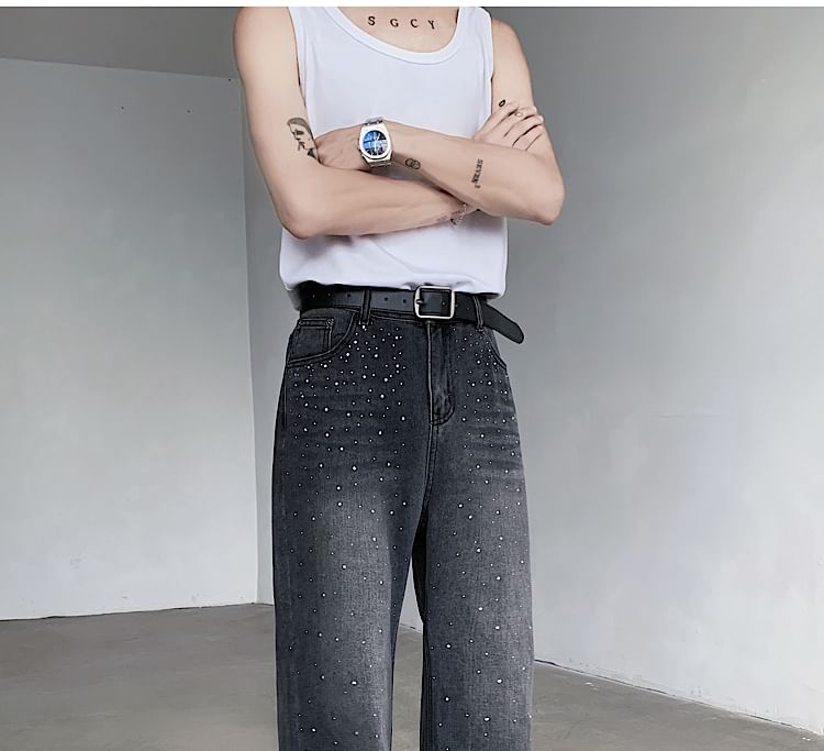 Freehop - Mid Rise Strass Washed Loose Fit Jeans