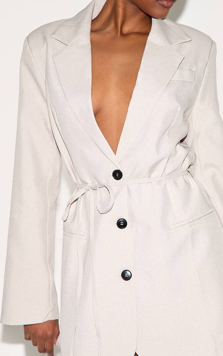 Taupe Robe Blazer Ceinturée En Tissu Tissé