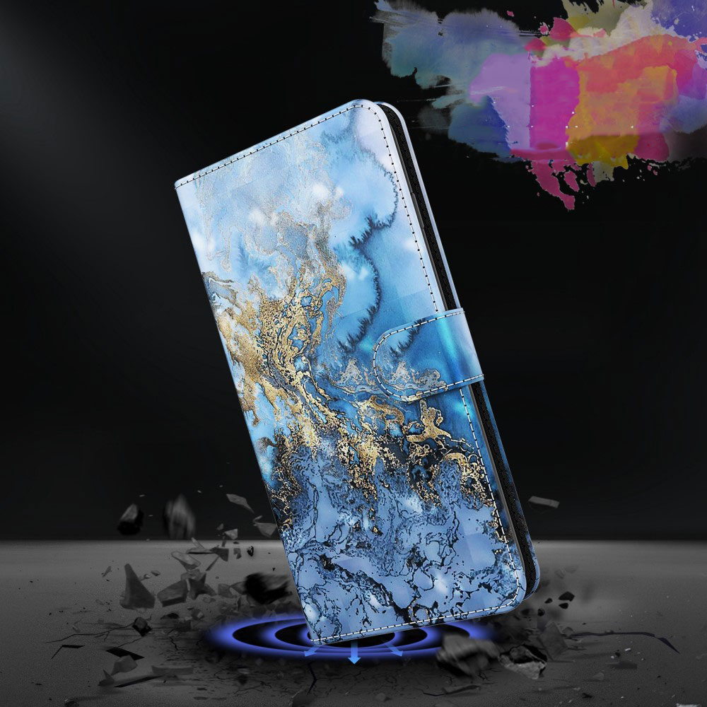 Samsung Galaxy A53 5G Leder Tasche mit Kartenfach   Handschlaufe - Marble Marmor (Blau / Gold)