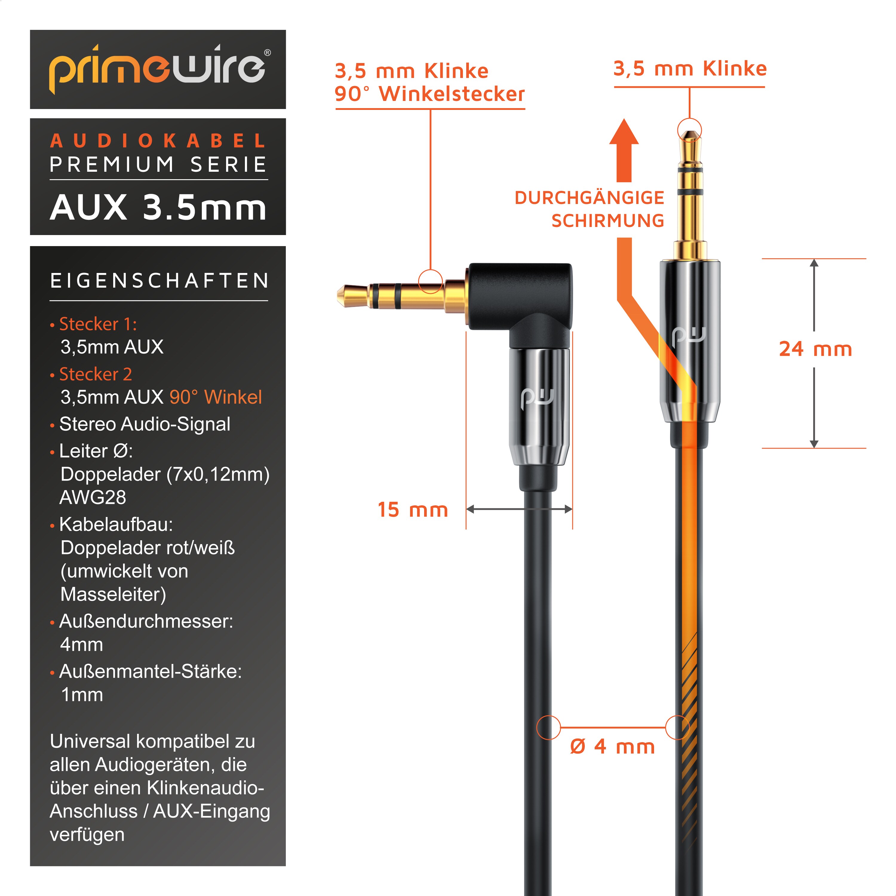 Primewire AUX zu 3,5-mm-Klinke Audio-Kabel 90° gewinkelt, HiFi Klinkenkabel Verbindungskabelfür Audiogeräte - 2m