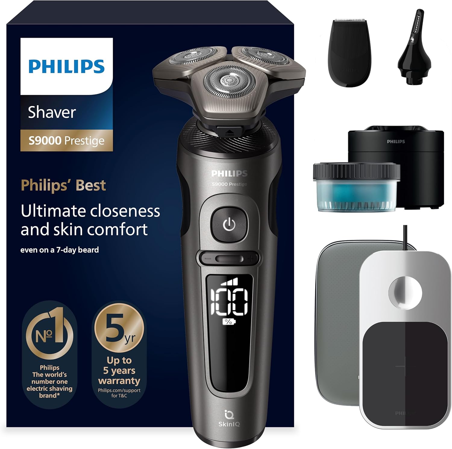 Philips Shaver S9000 Prestige, elektrischer Nass- und Trockenrasierer, Gold, SkinIQ Technologie, Reiseetui, Qi-Ladepad, Präzisionstrimmer, Nasenhaartrimmer und Reinigungsstation, Modell SP9882/36