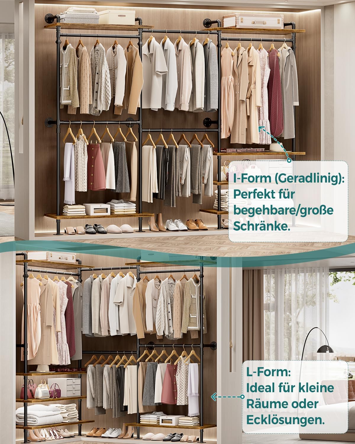 Kleiderschrank System Offen – Teleskop Kleiderstange Schwerlast, Begehbarer Kleiderschrank, Flexibel als L-Form oder Gerade, Industrial Pipe Design für Schlafzimmer & Ankleidezimmer