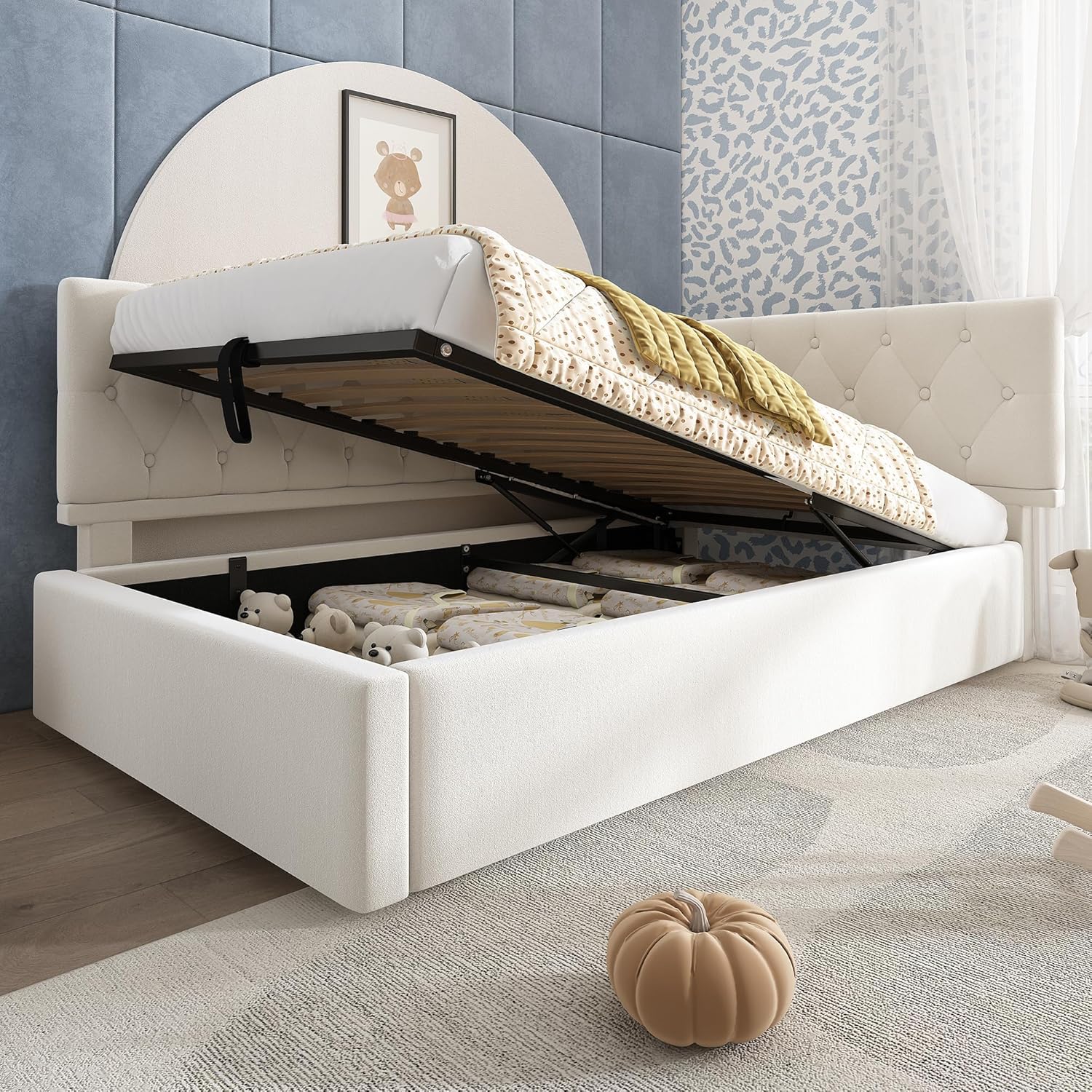 Polsterbett 90x190 cm, Einzelbett Tagesbett mit Hydraulischer Stauraum, Stauraumbett Kinderbett Jugendbett Daybett Gästebett Schlafsofa Bettgestell mit Lattenrost aus Holz, Ohne Matratze, Samt, Beige