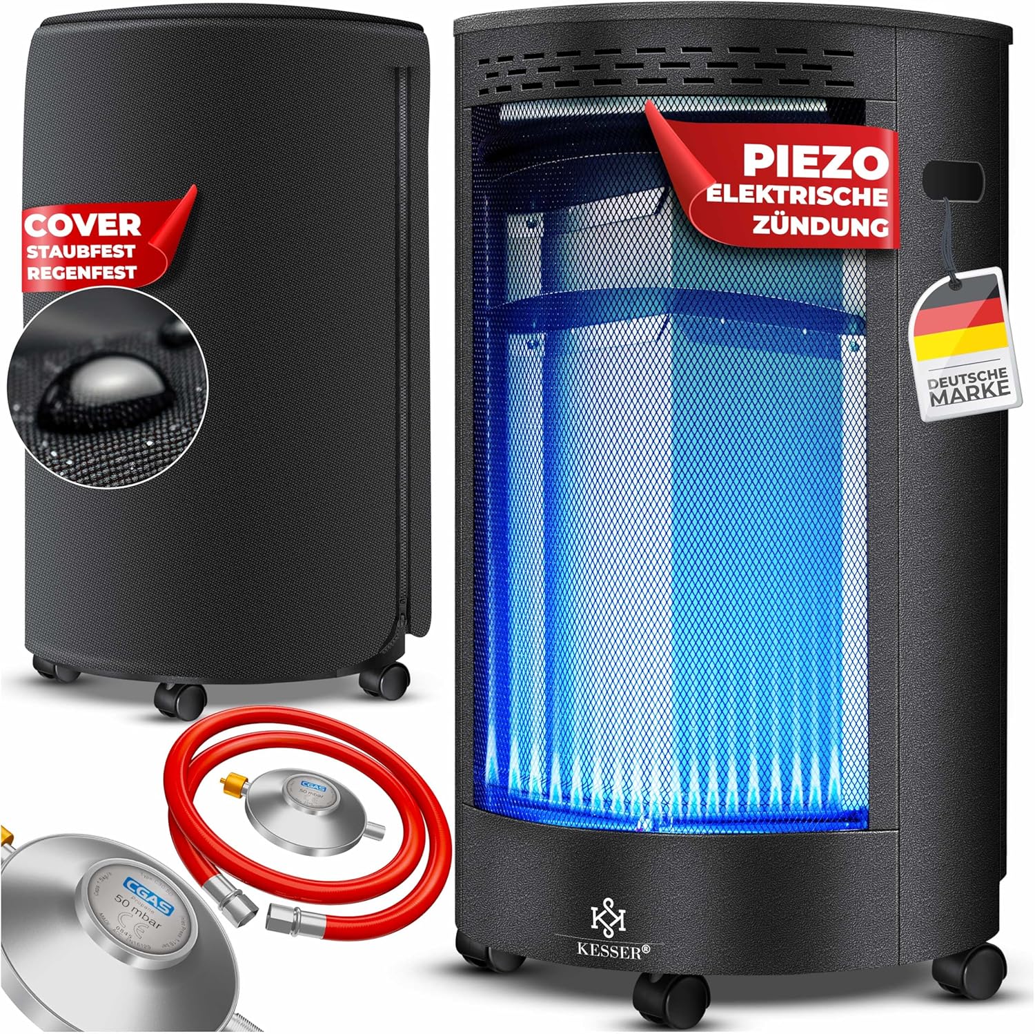 KESSER® Gasheizer Keramik 4200 Watt Gas Heizstrahler inkl. Gasdruckregler Gasschlauch - Gasheizofen inkl. Schutzhülle Gasheizgerät, Infrarot Keramikbrenner, Butan- oder Propangasflaschen, Schwarz