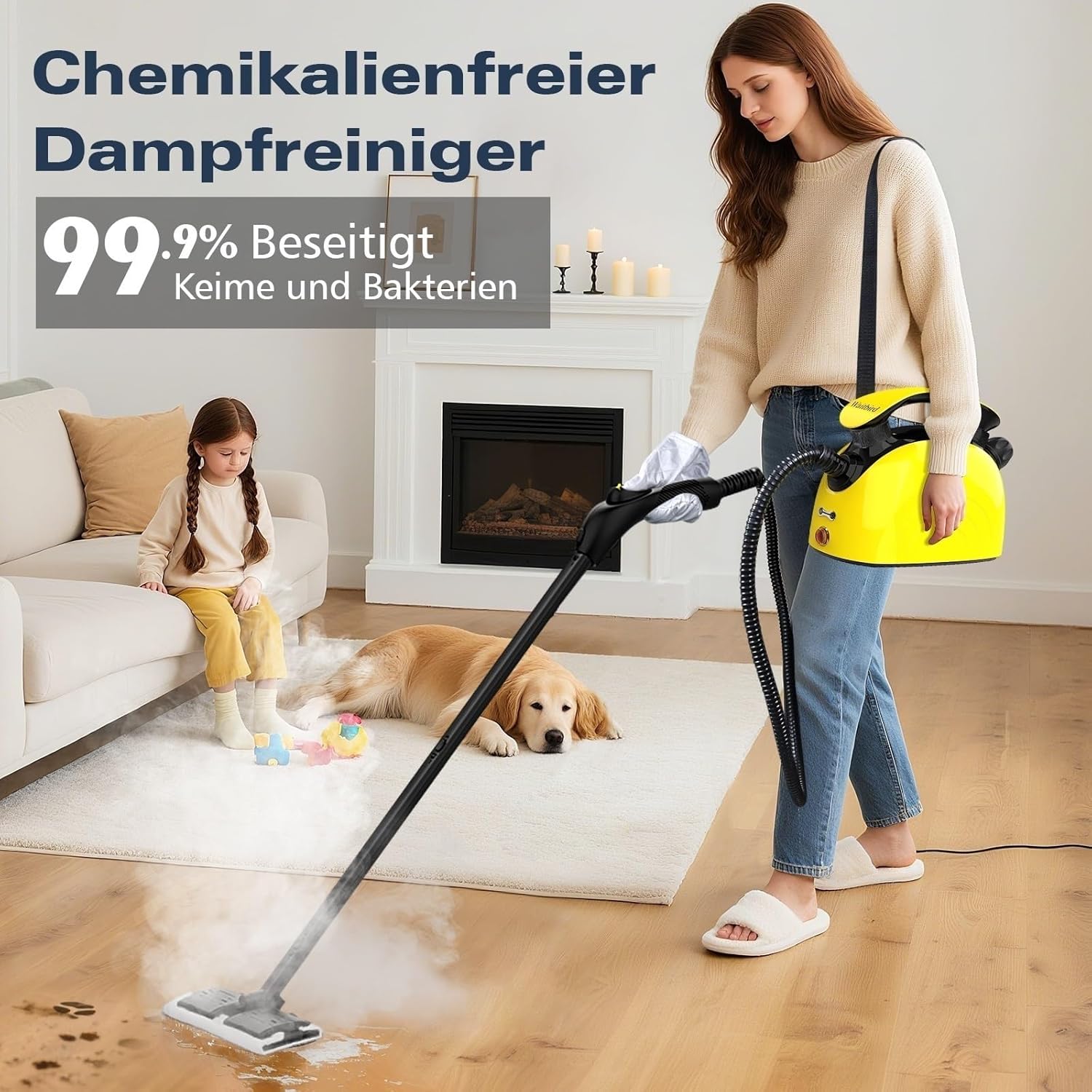 Mehrzweck-Dampfreiniger für alle 21-teiligen Zubehörteile, Handdampfreiniger und Schultergurt, für Möbel, Sofa, Fliesen, Boden, Fenster, Auto, Polster（Gelb）