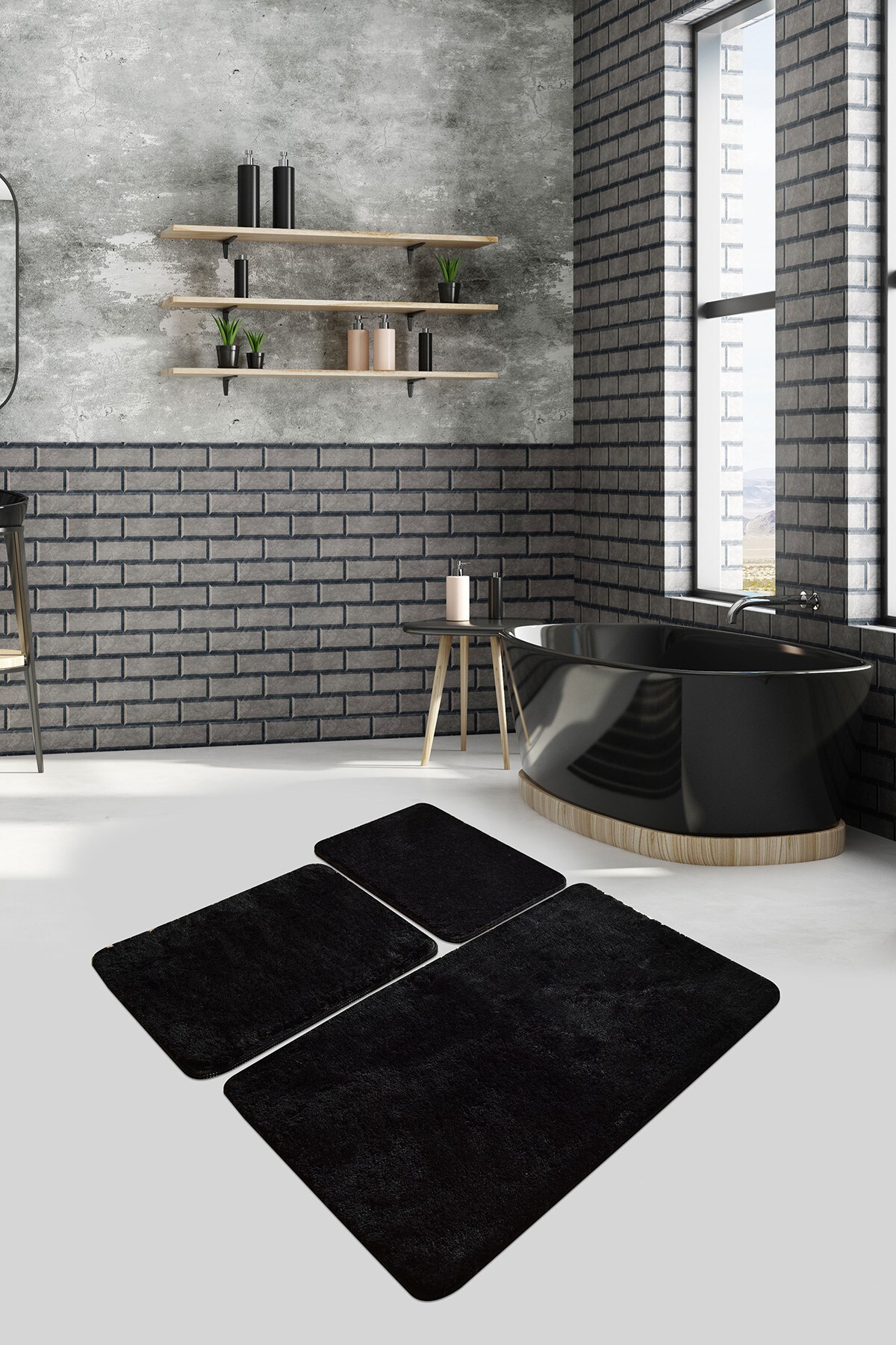 Homtex Acryl-Badematten-Set, schwarz, rutschfest, 40x60 cm, 50x60 cm, 60x100 cm