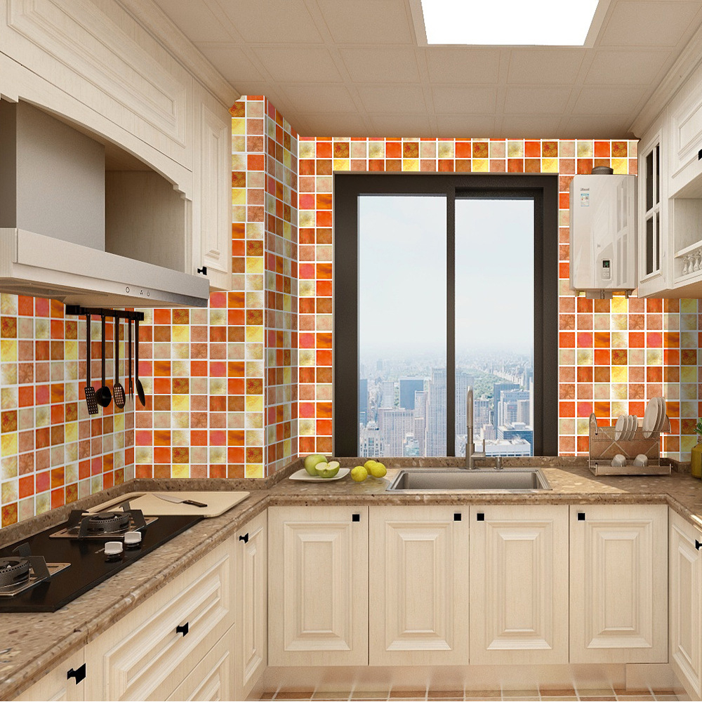 (10er Set) 10x10cm Mosaik Sticker Selbstklebende Deko Kacheln für Küche / Badezimmer - Orange / Rot