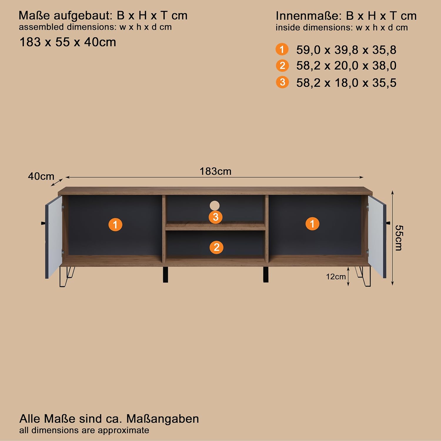 trendteam smart living - Montez - TV-Schrank - Grau/Eiche - TV-Unterschrank mit 2 Türen (für TV bis 65'') und 2 offenen Fächern - (BxHxT) 183 x 56 x 40 cm - Türfront mit Rautenoptik, Soft-Close