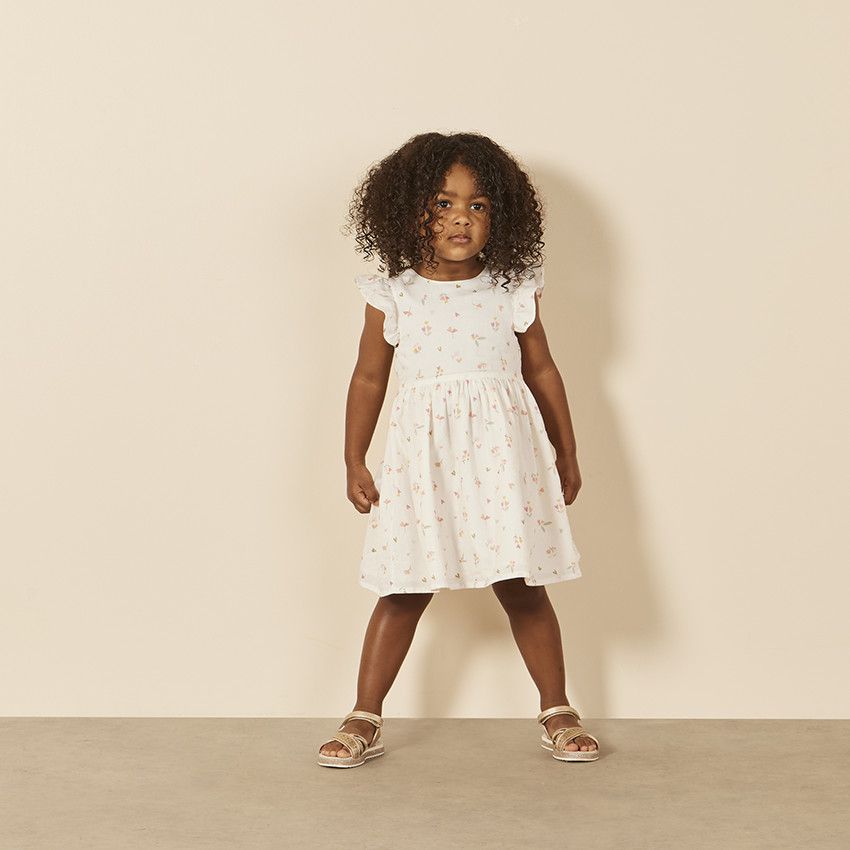 Robe manches courtes volantées imprimé fleuris pour bébé fille - Ecru