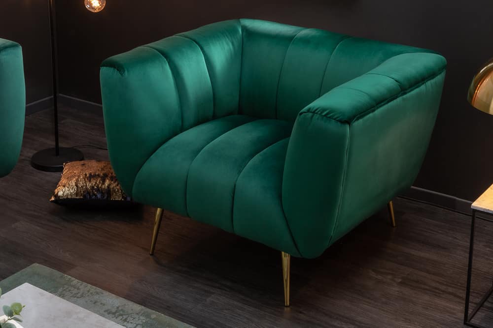 Retro Sessel NOBLESSE 105cm smaragdgrün Samt mit Ziersteppung