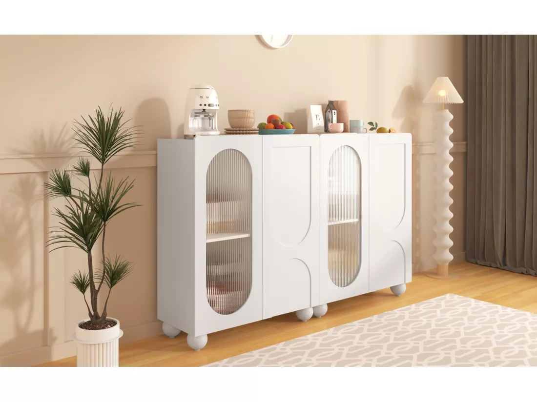 Buffet de cuisine avec 2 portes en verre - 80 x 32.5 x 99 cm - Bois MDF - Etagères réglables - Blanc
