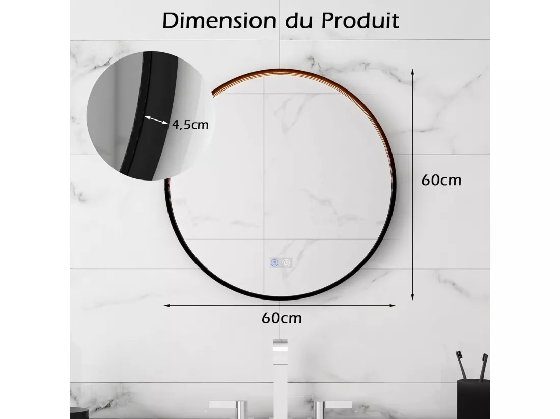 Miroir salle de bain avec eclairage 60 x 60 cm, miroir mural, interrupteur tactile