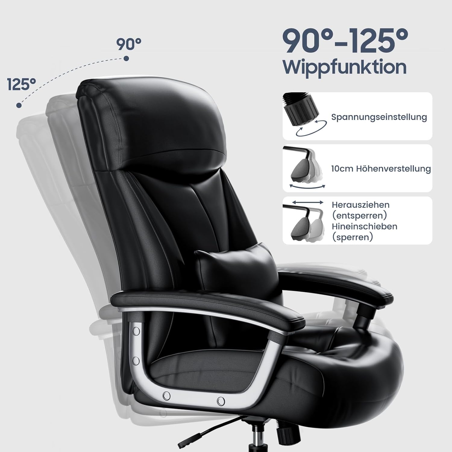 Ergonomischer Bürostuhl 200kg, Chefsessel, Schreibtischstuhl, Bequem XXL Breiter Sitzfläche, verdickte Gepolstert, Höhenverstellbar, mit Lendenkissen, für Große Menschen, Kratzfeste Leder