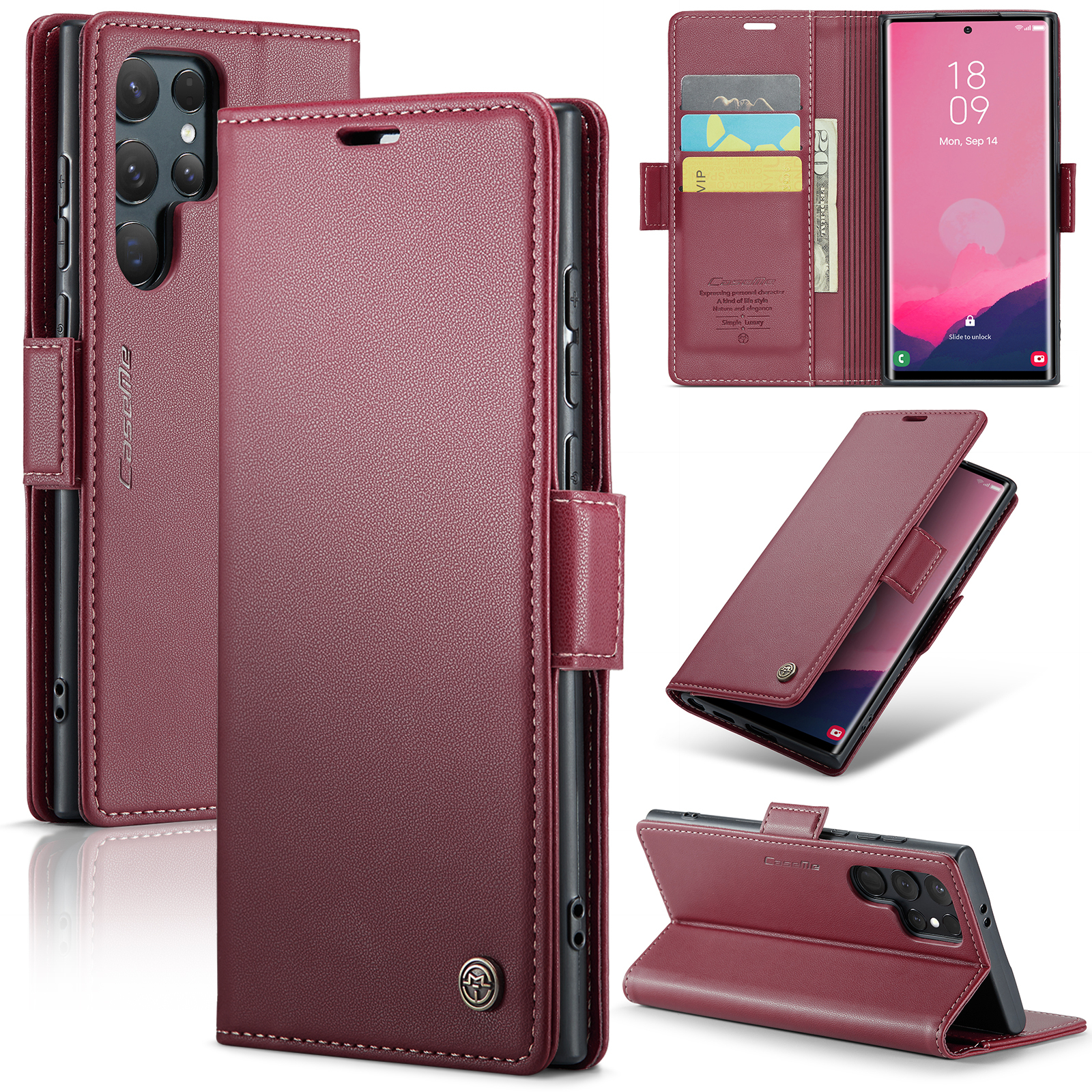 Samsung Galaxy S25 Ultra Leder Tasche Flip Wallet Etui mit Kartenfächern Litchi Look (RFID Schutz) - Rot