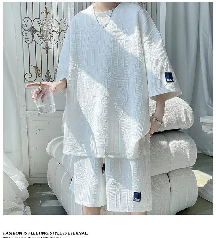 jagevin - Set: 3/4-mouw ronde hals T-shirt met letters + shorts
