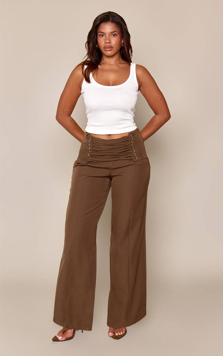 Marron Pantalon Droit Tailleur À Taille Corset Lacée Shape