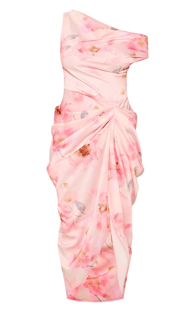 Rose Robe Midi Florale En Satin À Épaules Dénudées Avec Jupe Drapée