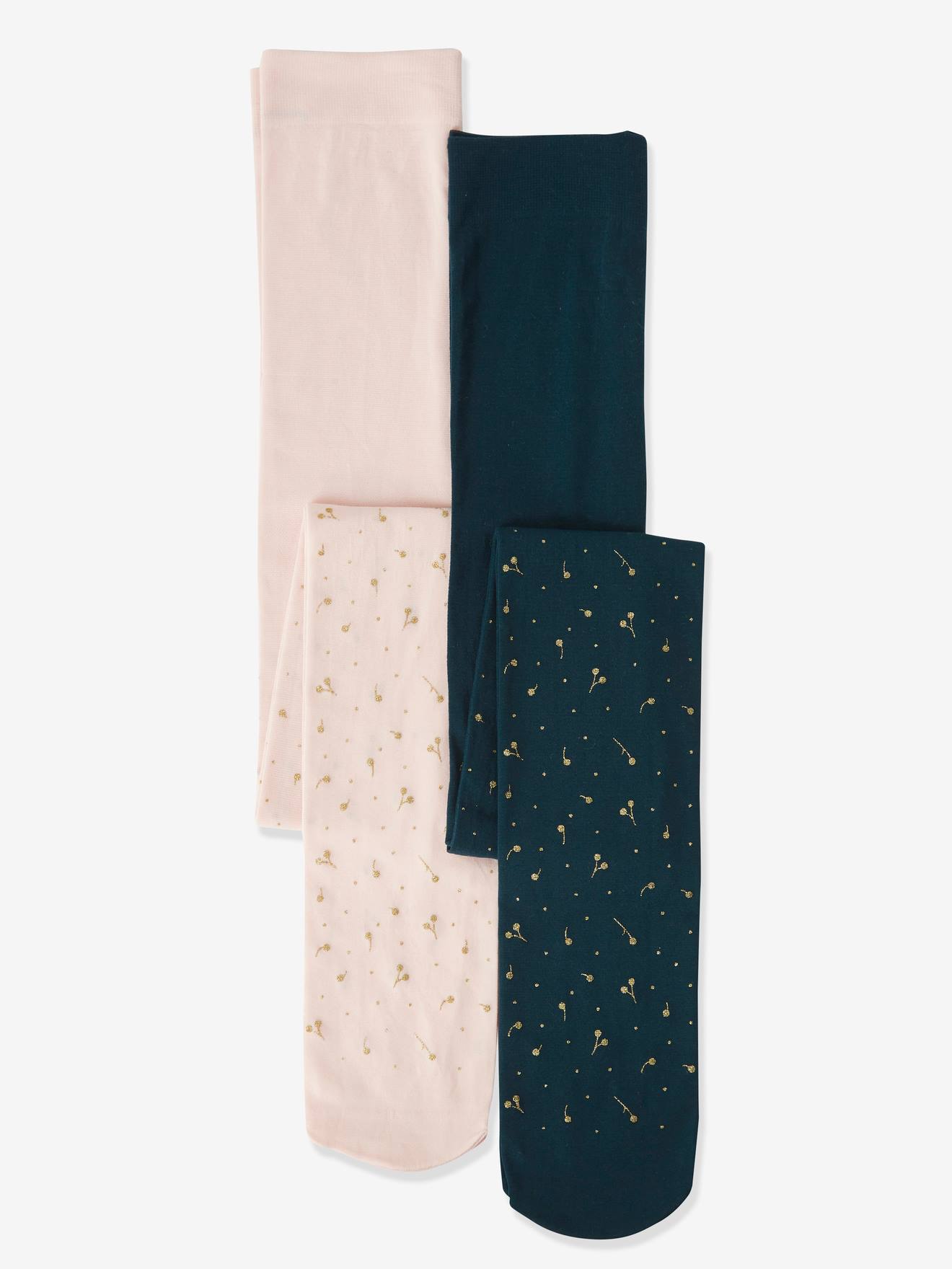 Pacote com 2 pares de meias-calças brilhantes para meninas, com certificação Oeko-Tex®, em dois tons de verde escuro/multicoloridas.