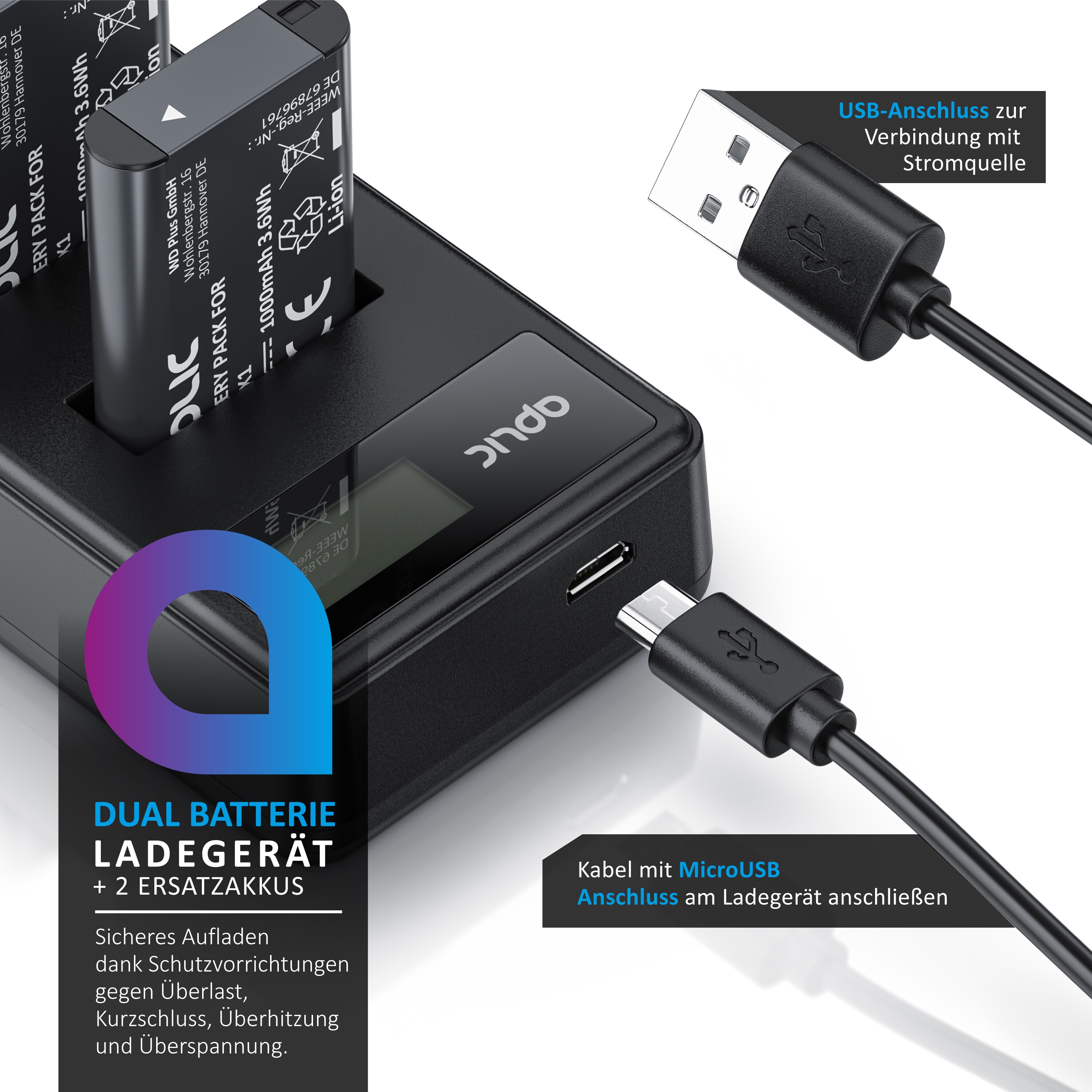 Aplic Akkuladegerät Set inkl. 2 Akkus - Kamera Batterieladegerät - Ladegerät geeignet für Sony NP-BX1 - 1000 mAh, 3,6 V - Ladekapazität: 600 mA