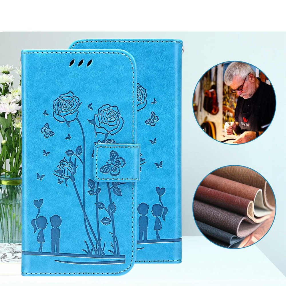 iPhone 13 Pro Leder Tasche mit Kartenfach Love Roses - Blau