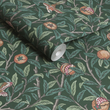 Vliesbehang William Morris at Home Bird & Pomegranate Diepgroen (dessin 124260)