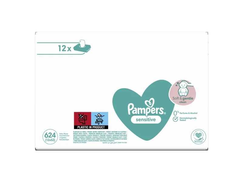 Pampers Sensitive Vådservietter til baby - Dermatologisk testet, Allergivenlig, Neutral pH, Parfumefri