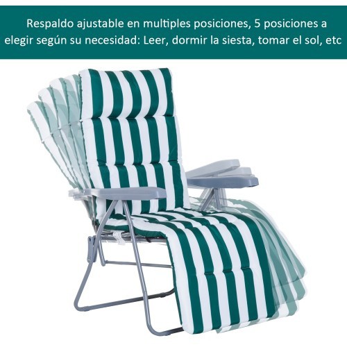 Espreguiçadeiras dobráveis e reclináveis com apoio para os pés, verdes.