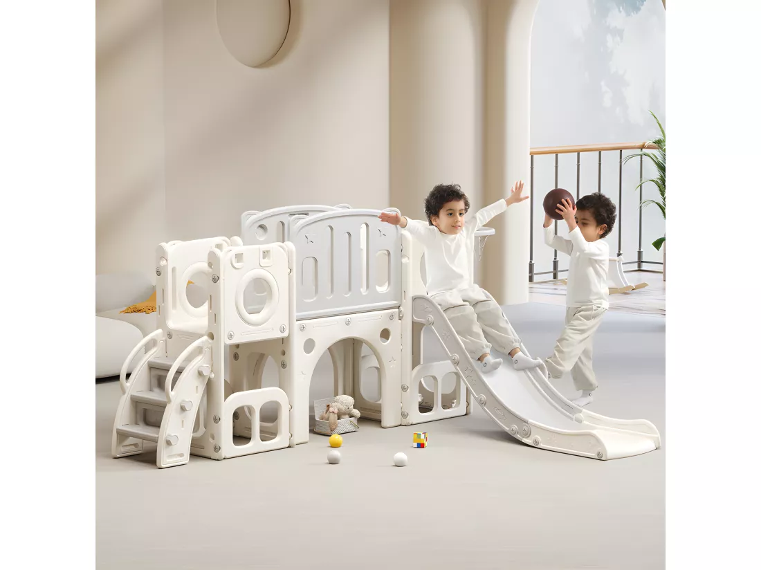 Toboggan pour enfants 6 en 1 - composé d'un toboggan, d'un panier de basket, d'un escalier, d'un tunnel et de deux rangements - Polyéthylène - Gris clair