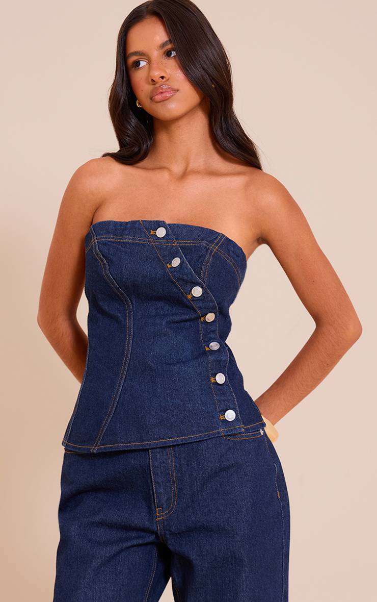 Bleu Indigo Haut Bandeau Asymétrique À Boutons En Denim Petite