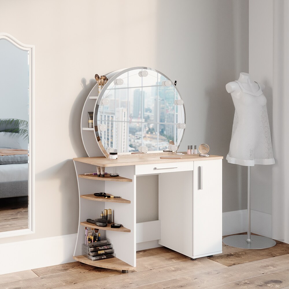 Vicco Schminktisch Frisiertisch Kosmetiktisch Almina Weiß Sonoma Schminkspiegel 100x143 modern LED Beleuchtung Schlafzimmerkommode Schminkkommode Schublade Frisierkommode Make-Up-Tisch