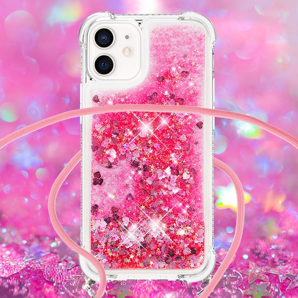 iPhone 12 / iPhone 12 Pro Necklace Gummi Hülle Liquid Glitzer   Handykette (130cm) - Pink