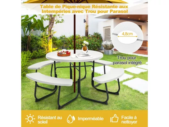 Ensemble Table de Pique-Nique avec 4 Bancs Intégrés, Ensemble de Jardin Table de Pique-Nique Circulaire 135KG Trou pour Parasol, pour Jardin Piscine, 190 x 76 cm (Blanc)