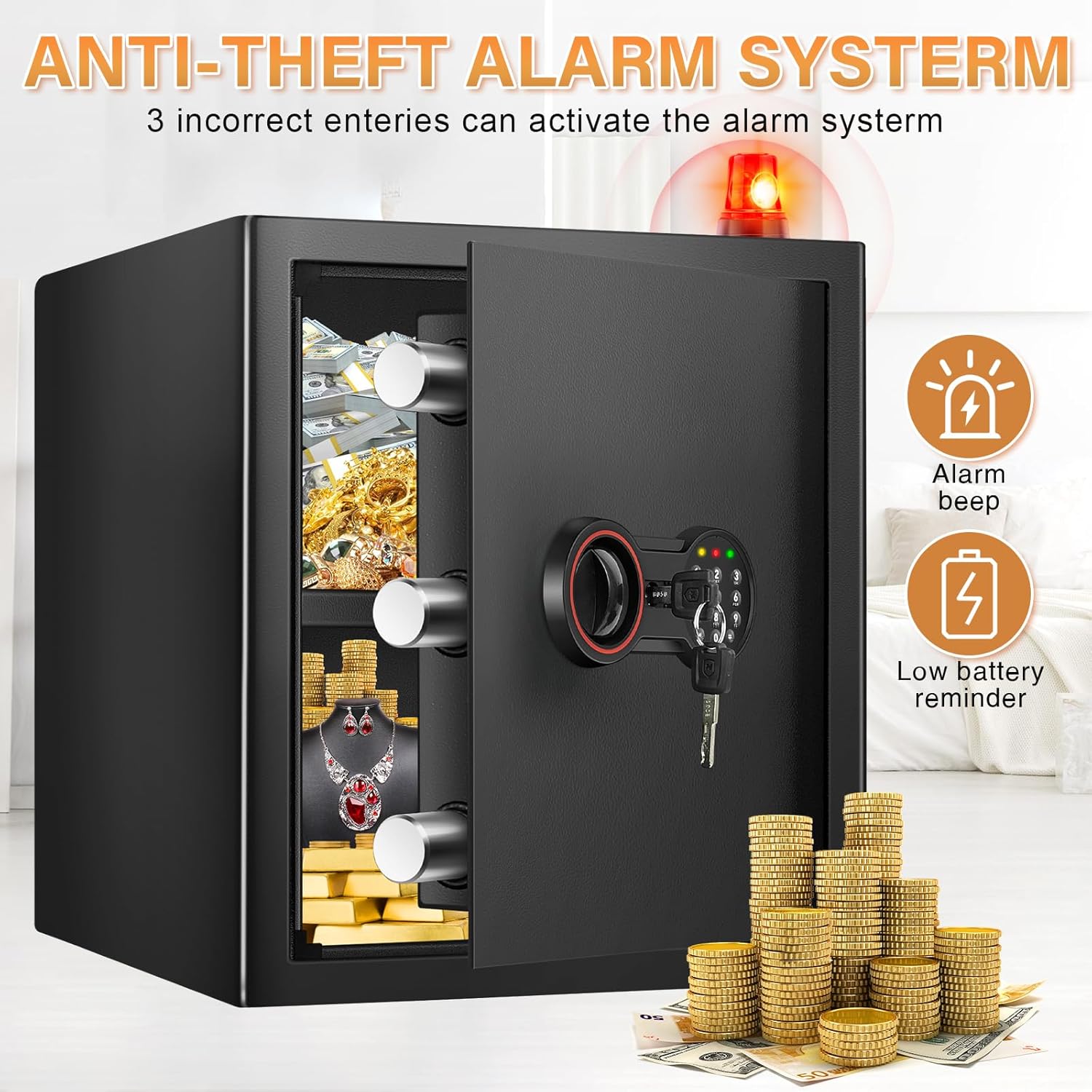 52L Großer Safe Tresor für Zuhause, Feuerfester Tresor mit Schlüssel, Sensor-Licht und Abnehmbares Regal, Heimsafeschrank Aufbewahrung von Geld, Dokumente, Medikamenten