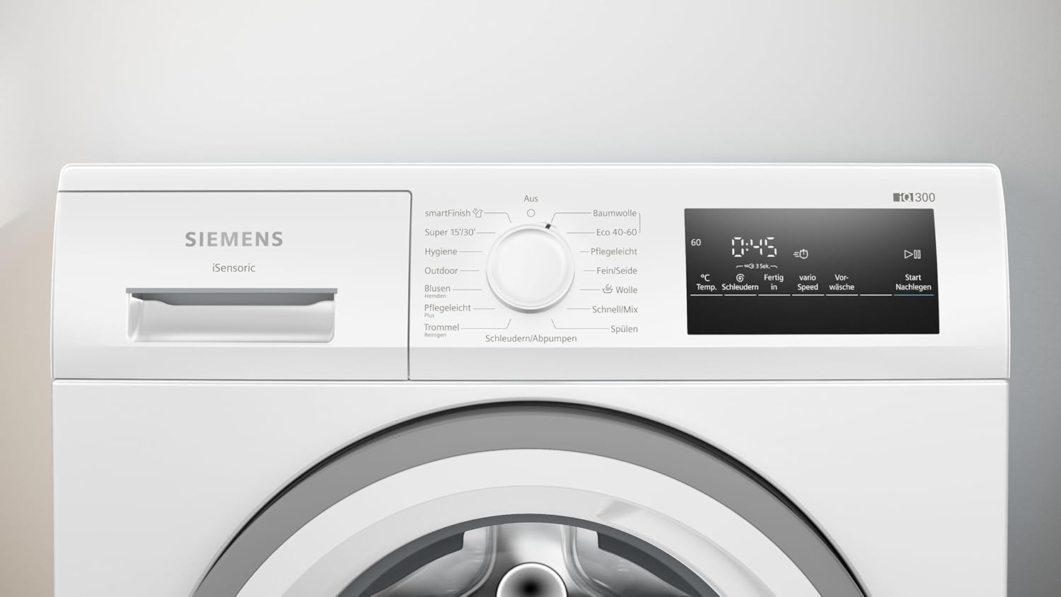 Siemens WM14N12A Waschmaschine iQ300, Frontlader mit 9kg Fassungsvermögen, 1400 UpM, speedPack L, smartFinish, Outdoor-Programm, LED-Display, Weiß, 60cm