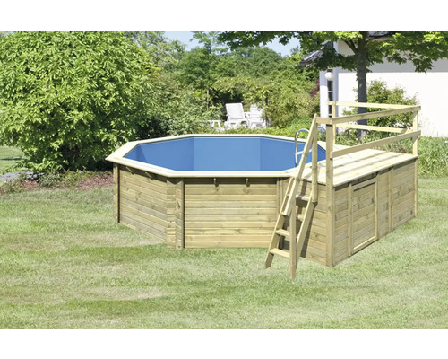 Opbouw houten zwembadset Karibu Classic 2C rond Ø 470x124 cm incl. ladder, bodembeschermvlies, zonnedek & 1 houten vleugel