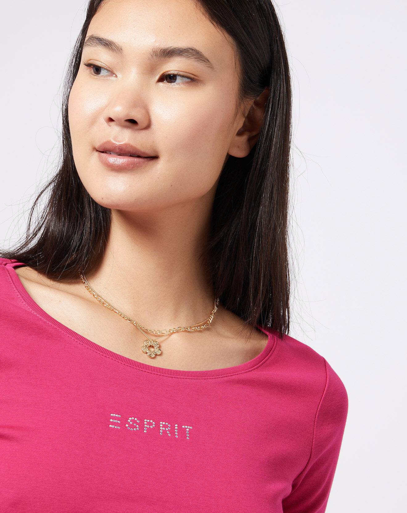 Esprit T-Shirt en jersey de Coton à logo strass rose foncé