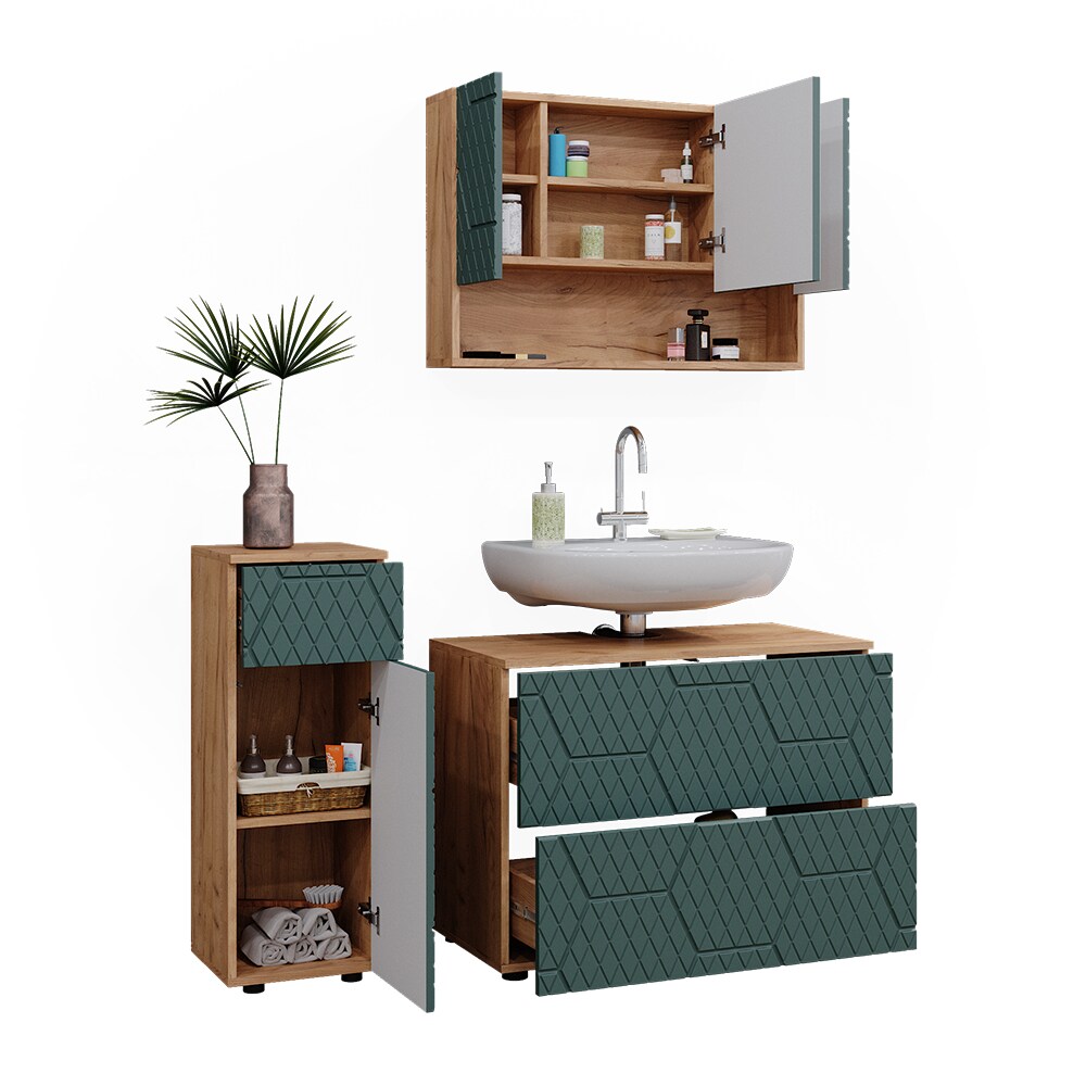 Vicco Badmöbel-Set Irma Eiche Grün 3-teilig Midischrank 81 cm Waschbeckenschrank 80 cm