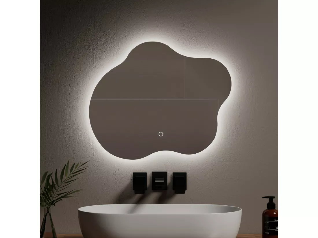 EMKE Miroir lumineux salle de bain sans cadre 60x50cm , Miroir LED avec Interrupteur Tactile, Anti-buée, Miroir avec 3 couleurs de Lumières