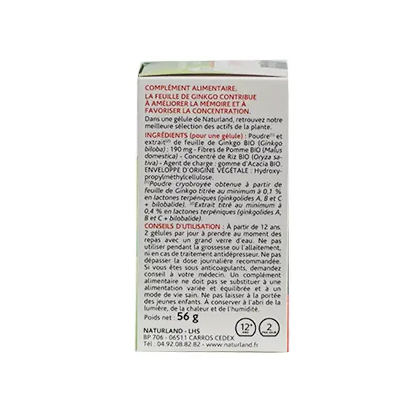 Naturland Ginkgo Biloba Orgânico 150 cápsulas vegetais