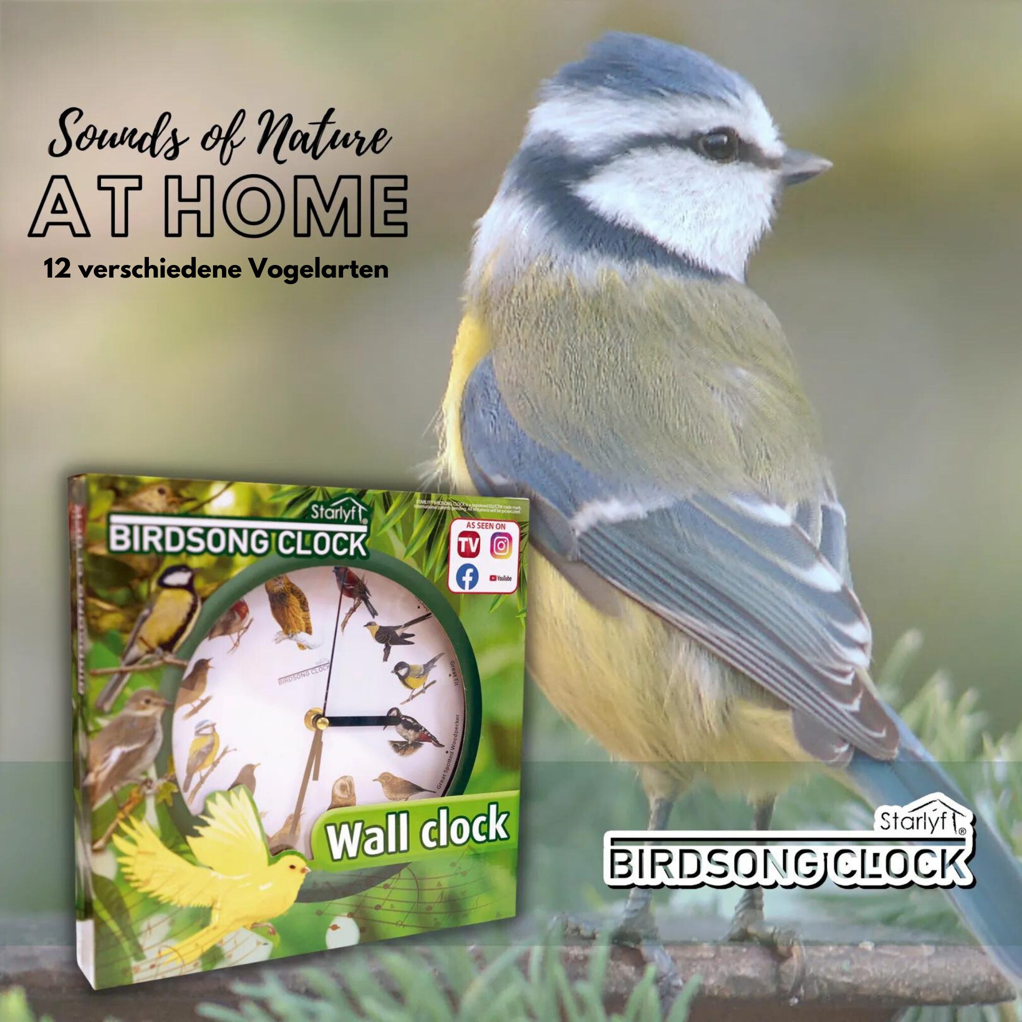 Starlyf® Wanduhr - Uhr mit natürlichen Vogelstimmen Birdsong Clock