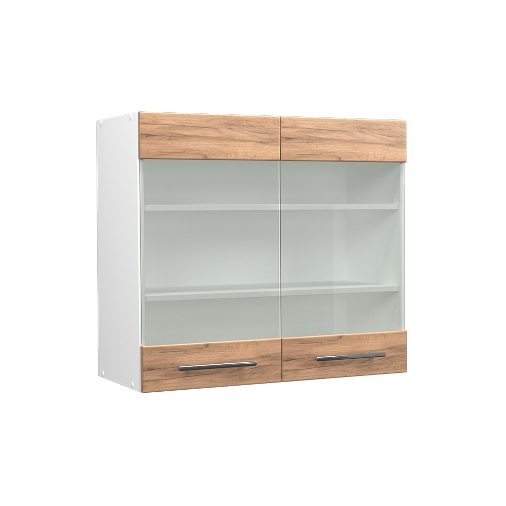 Vicco Hängeglasschrank Küchenschrank Küchenmöbel Fame-Line Weiß Eiche modern 80 cm Küche Einbauküche Hängeschrank Glasschrank Drehtür Einlegeboden Küchenzeile