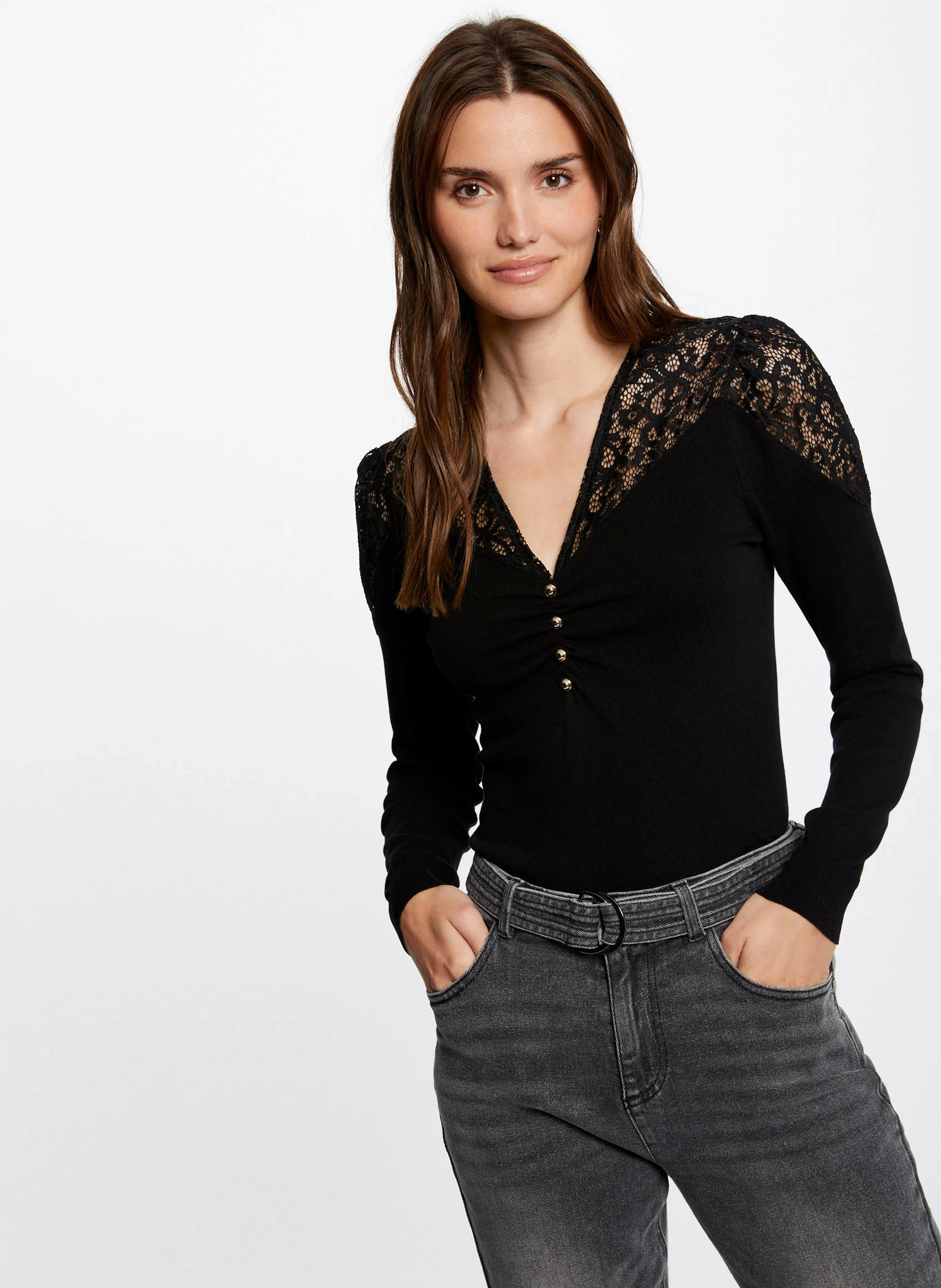 MBOU - Pull fin col V en dentelle| Noir