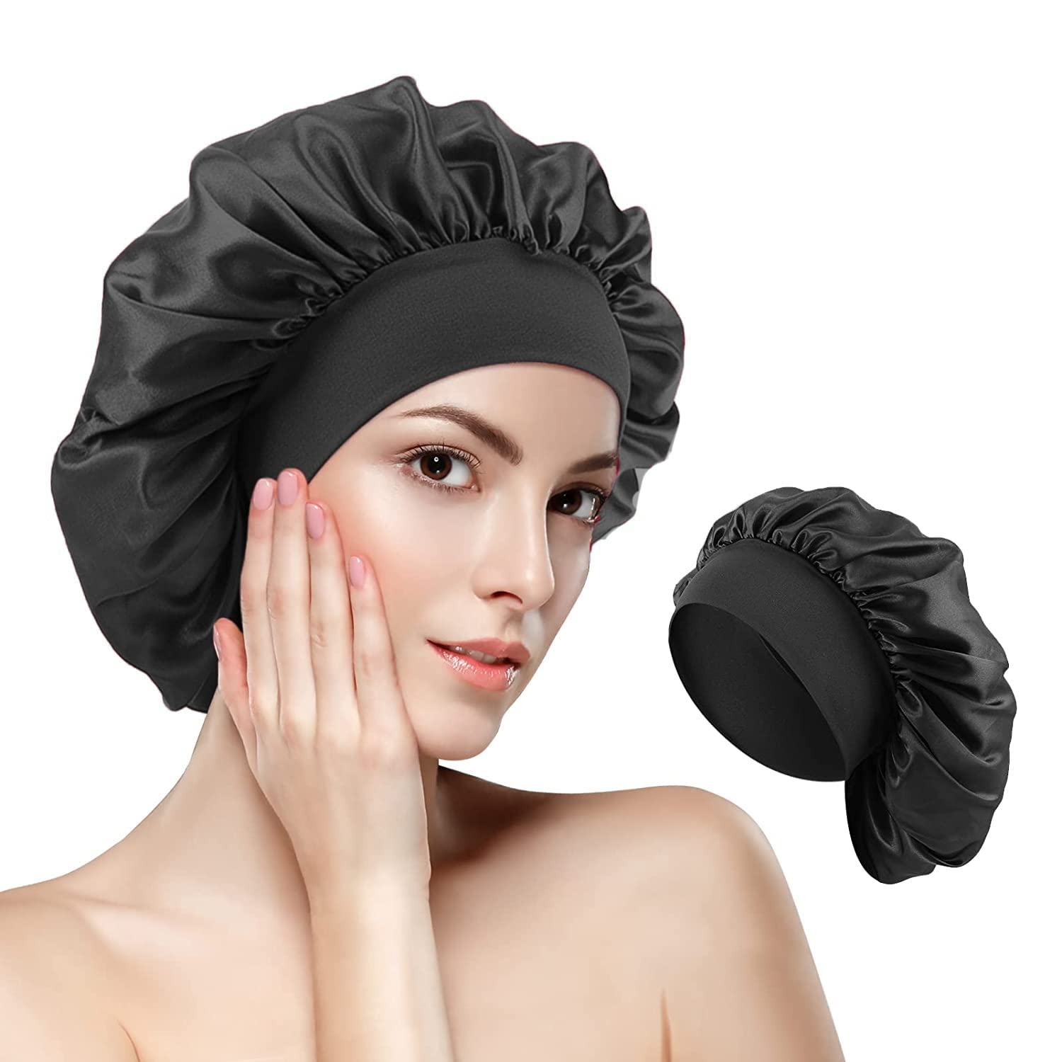 (Ø22cm) Elastische Satin Nachtmütze Haar Schlafmütze Bonnet - Schwarz