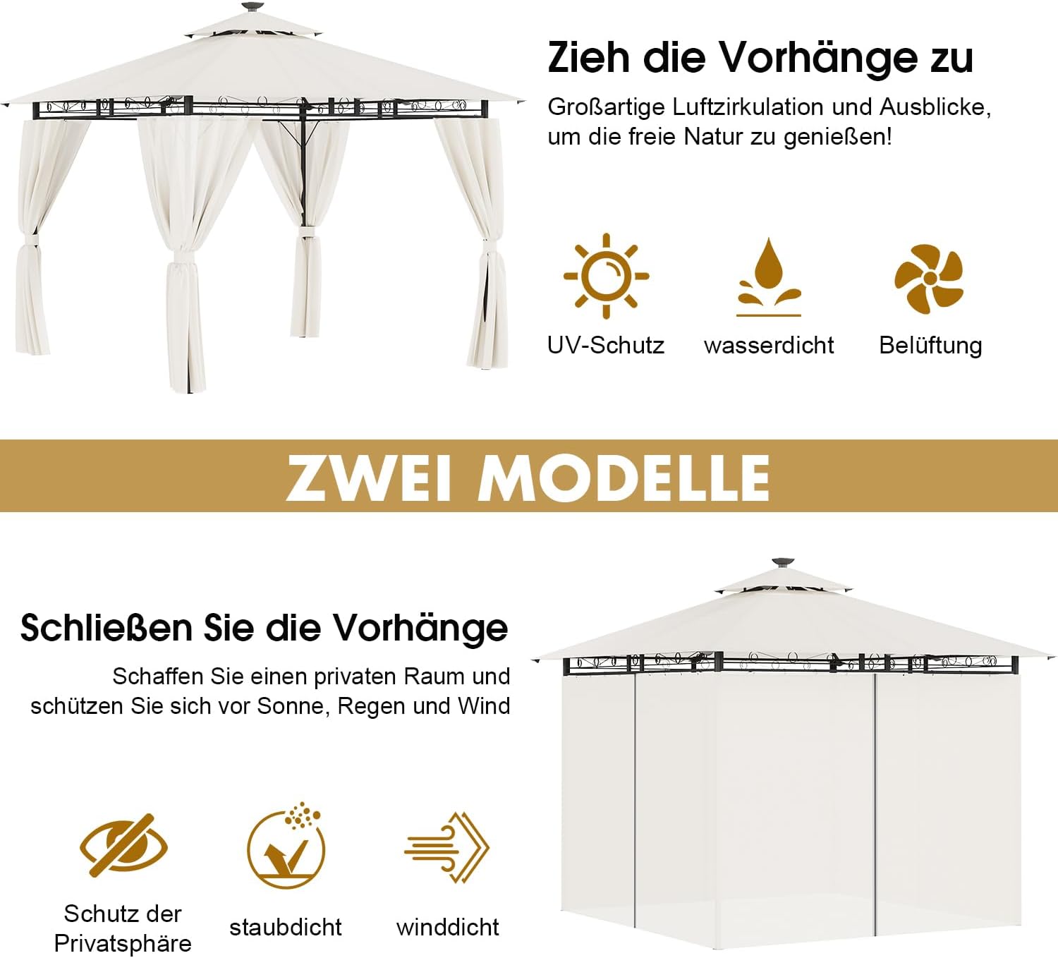 Pavillon 3x3 Wasserdicht Stabil Winterfest, Garten Pavillion mit seitenwänden, UV-Schutz 50+, Plane Gartenlaube, Metallrahmen Pavillon, Patio Gazebo, Beige