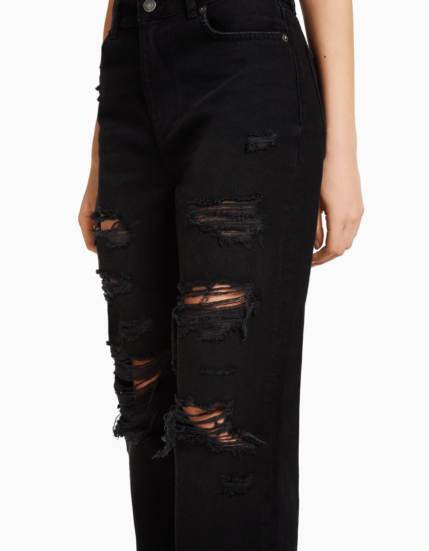 Calça jeans cropped reta rasgada