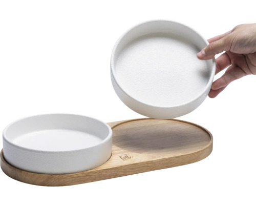 Dubbele kom ontworpen door Lotte, kattenservies, houten komstandaard ca. 34 x 17 x 5 cm met 2 keramische kommen, vaatwasserbestendig ca. 16 x 16 x 3,5 cm, elk 350 ml