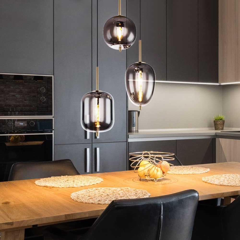 3 flammige Pendelleuchte BLACKY Rauchglas Kugellampe mit 46cm Lampenbaldachin Messing