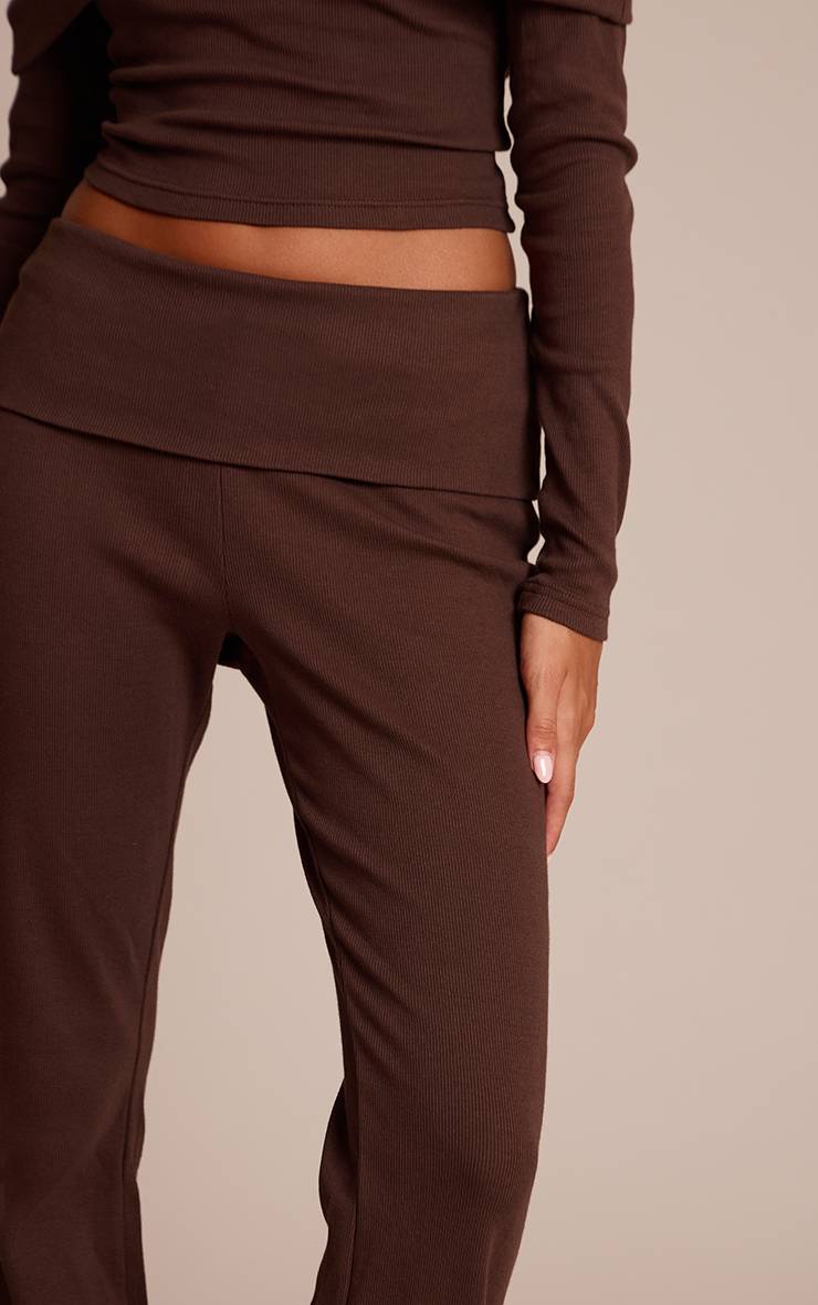 Chocolate Brown Pantalon Droit À Taille Repliée