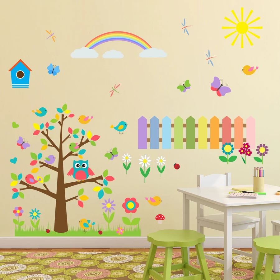 Nikima Wandtattoo 021 Wandtattoo Baum mit Eule bunte Blumen und Zaun bunt